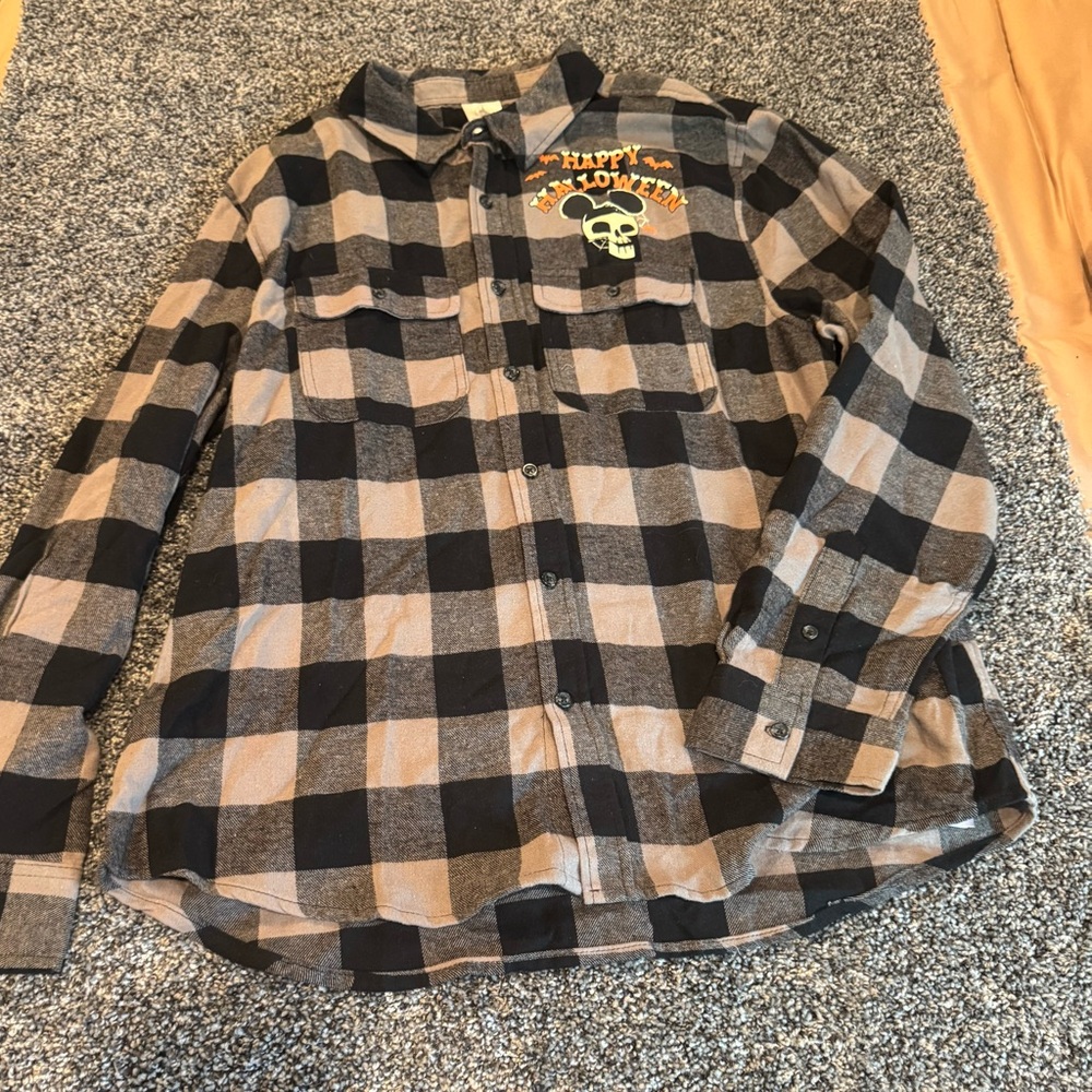 Disney World Halloween Trick Or Treat Flannel Shirt Black Gray Plaid Large